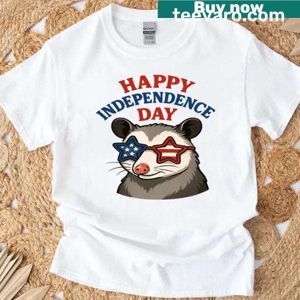 Patriotic opossum illustration on a casual T-shirt for Independence Day.