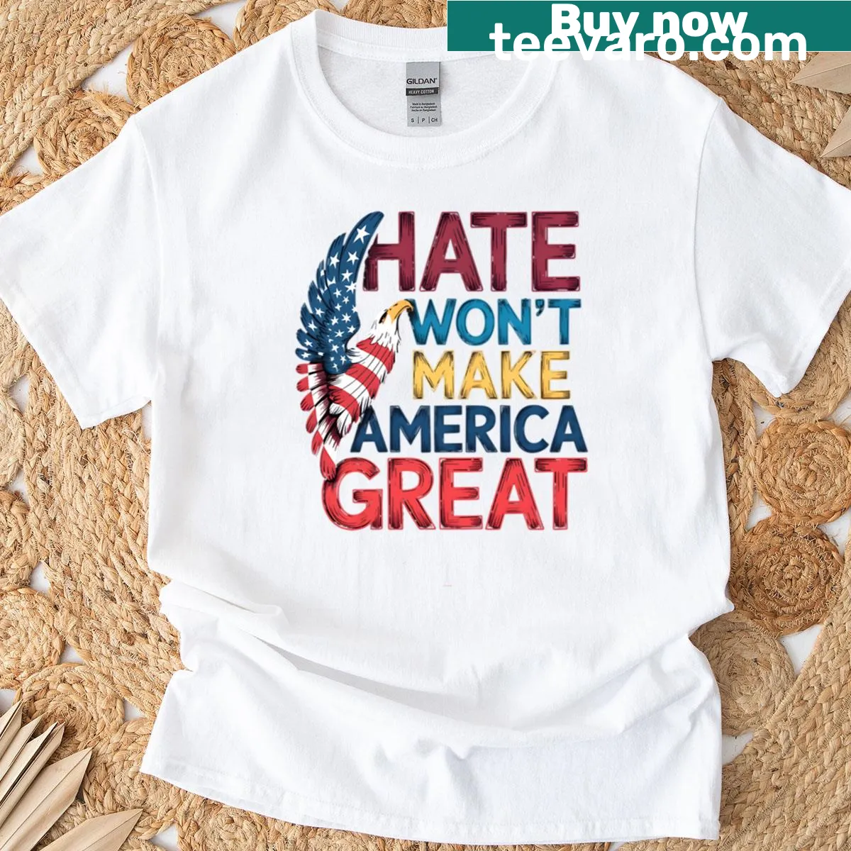 Distressed typography design stating 'Hate Wont Make America Great' — on a men's t-shirt