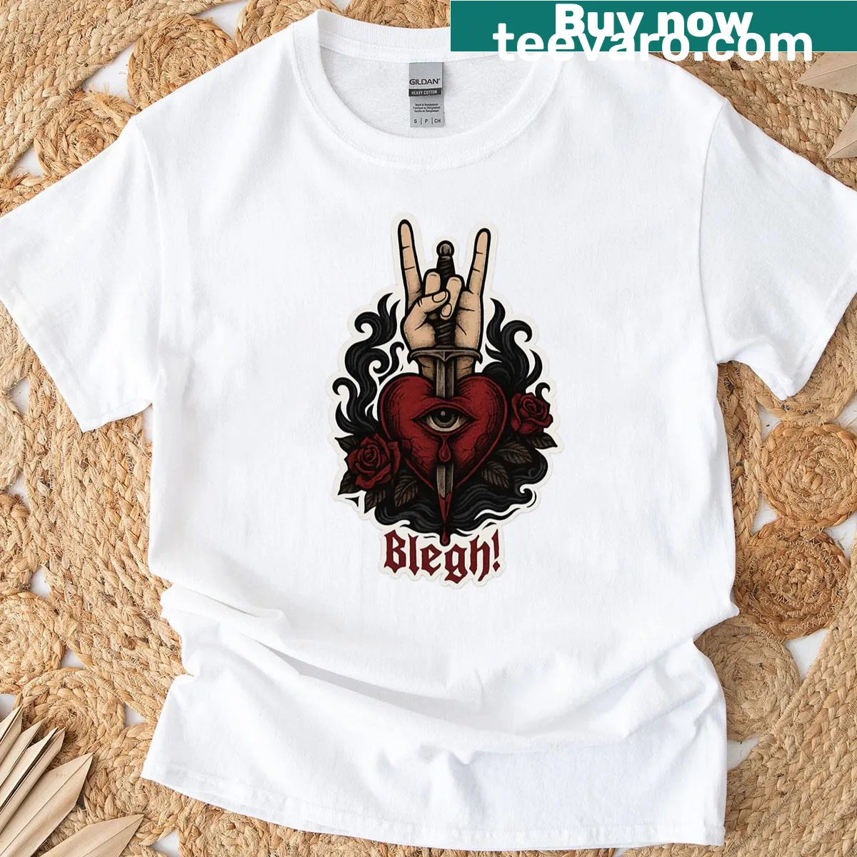 Heart and dagger graphic t-shirt design with a bold message — on a men's t-shirt