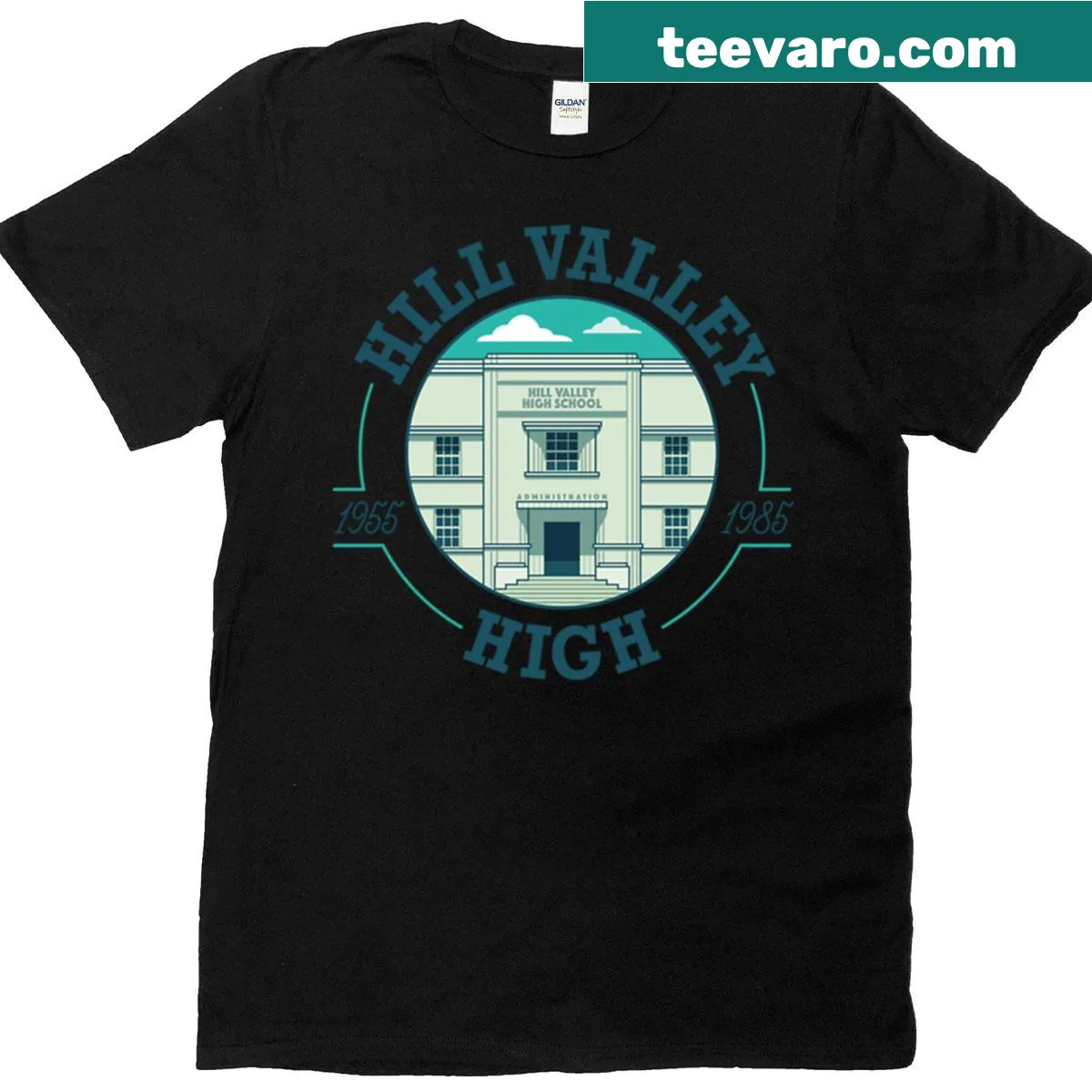 Hill Valley High School t-shirt featuring the school's logo — on a men's t-shirt