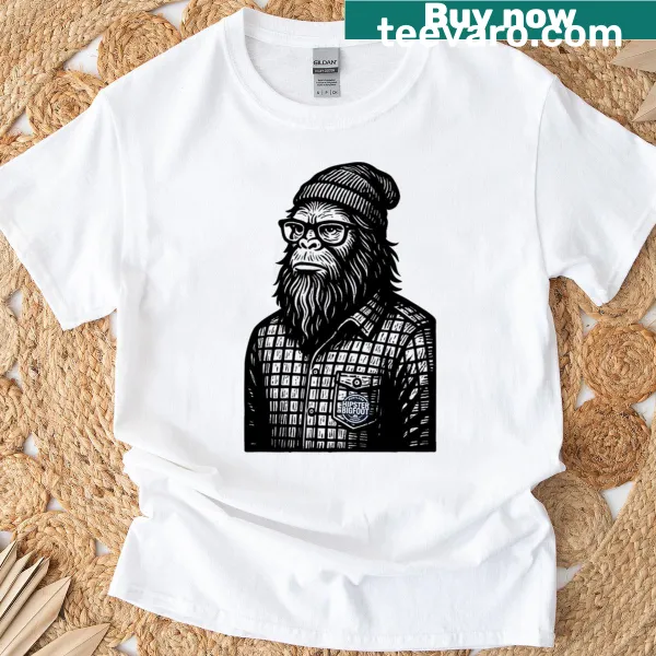 Woodcut illustration of Bigfoot on a vintage style t-shirt