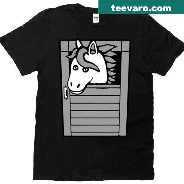 T-shirt featuring a cartoon of kids riding horses at a stable