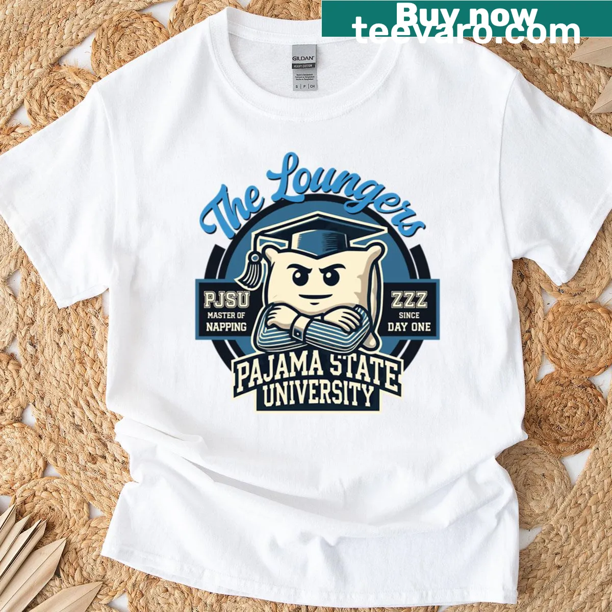 Humorous t-shirt featuring Pajama State University mascot — on a men's t-shirt