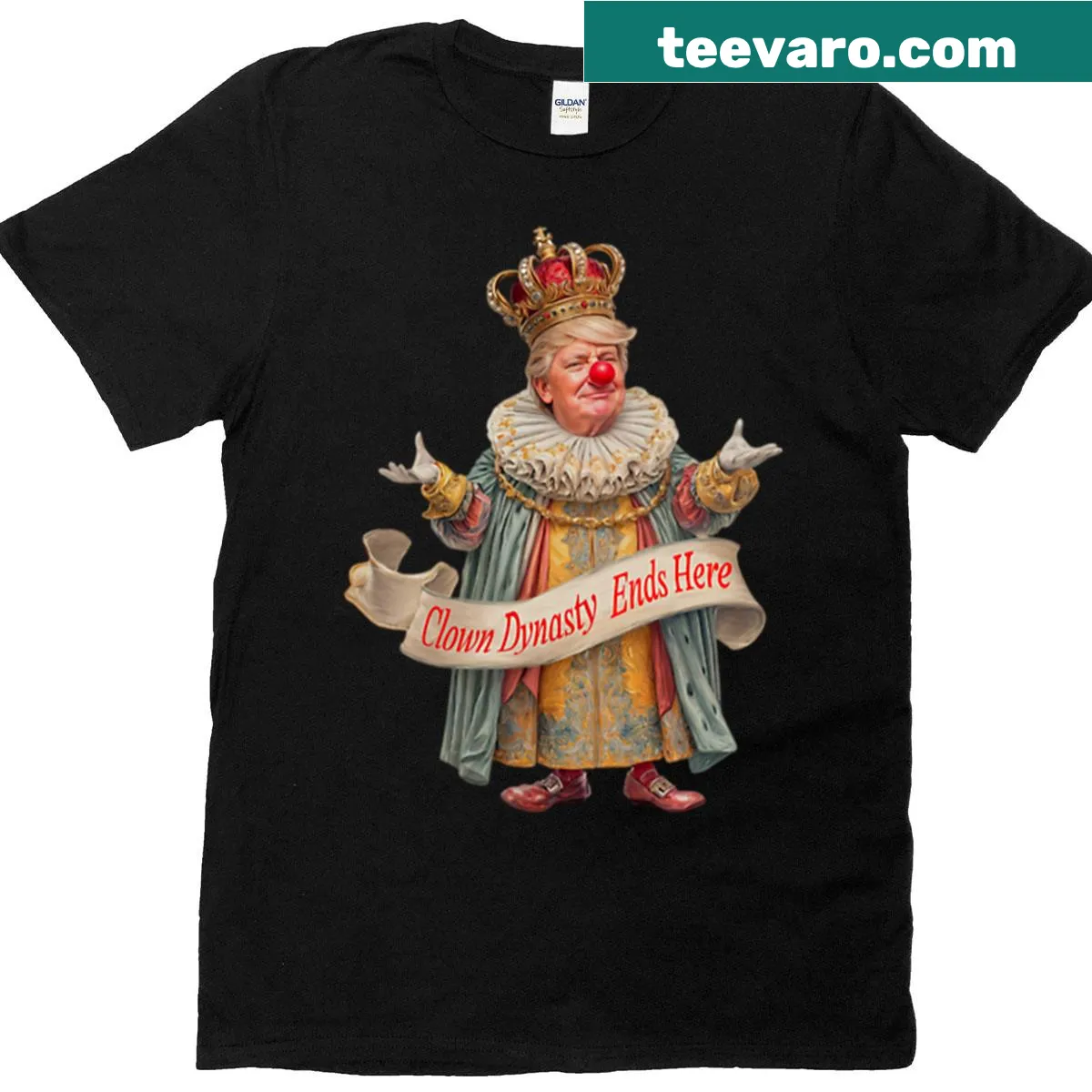 Illustration of a regal clown figure with a crown and banner — on a men's t-shirt