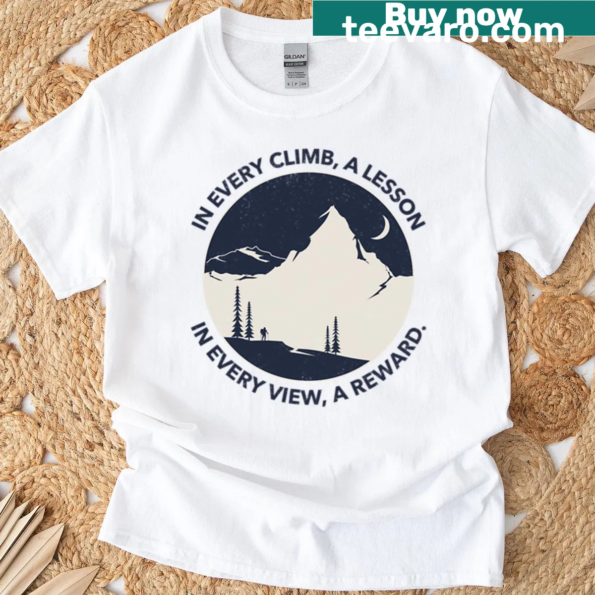 Inspirational hiking T-shirt with text about lessons and rewards in climbing. — on a men's t-shirt