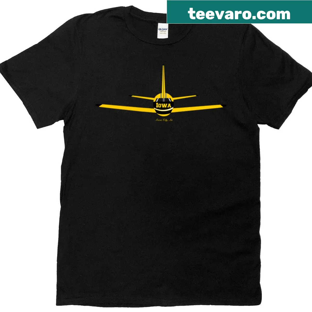 Airplane logo representing Iowa City on a T-shirt — on a men's t-shirt