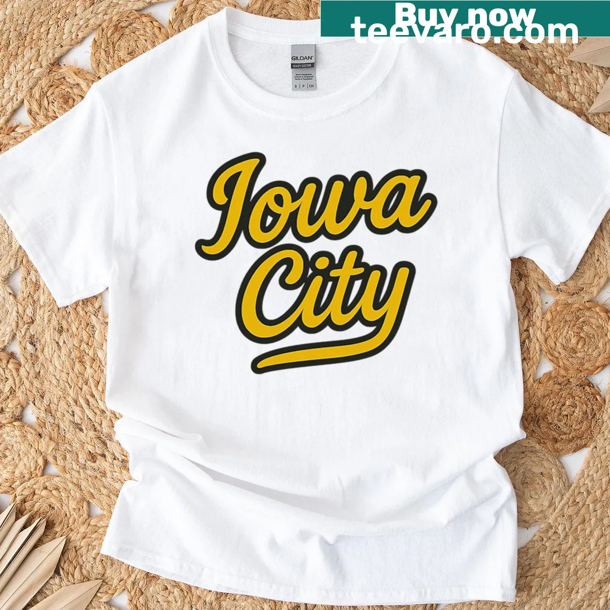 Vintage script logo T-shirt celebrating Iowa City with college town design. — on a men's t-shirt