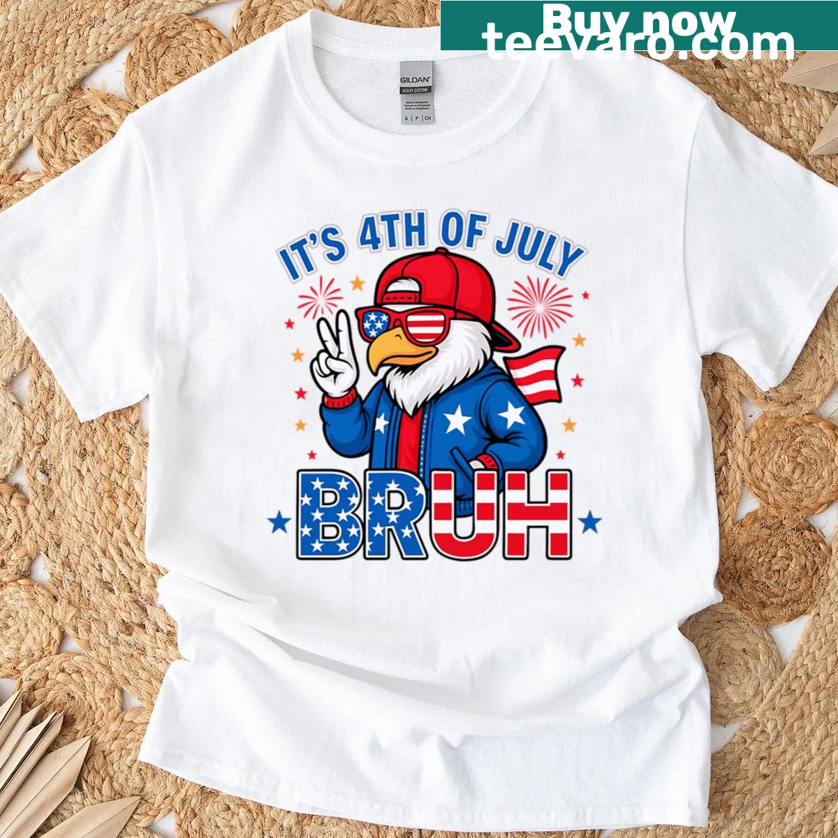 T-shirt featuring an eagle with a cap holding a peace sign — on a men's t-shirt
