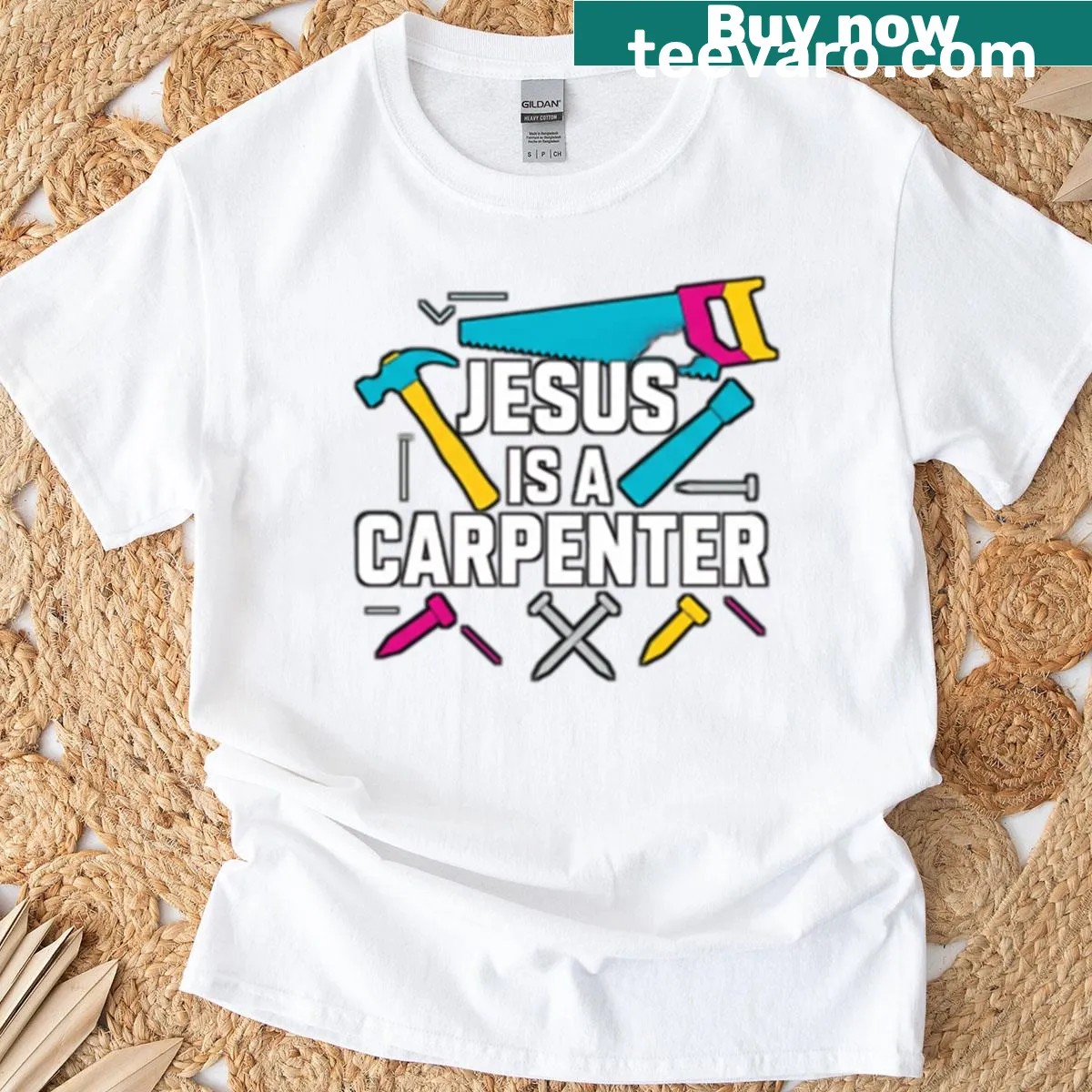 T-shirt stating 'Jesus is a carpenter' with simple design — on a men's t-shirt