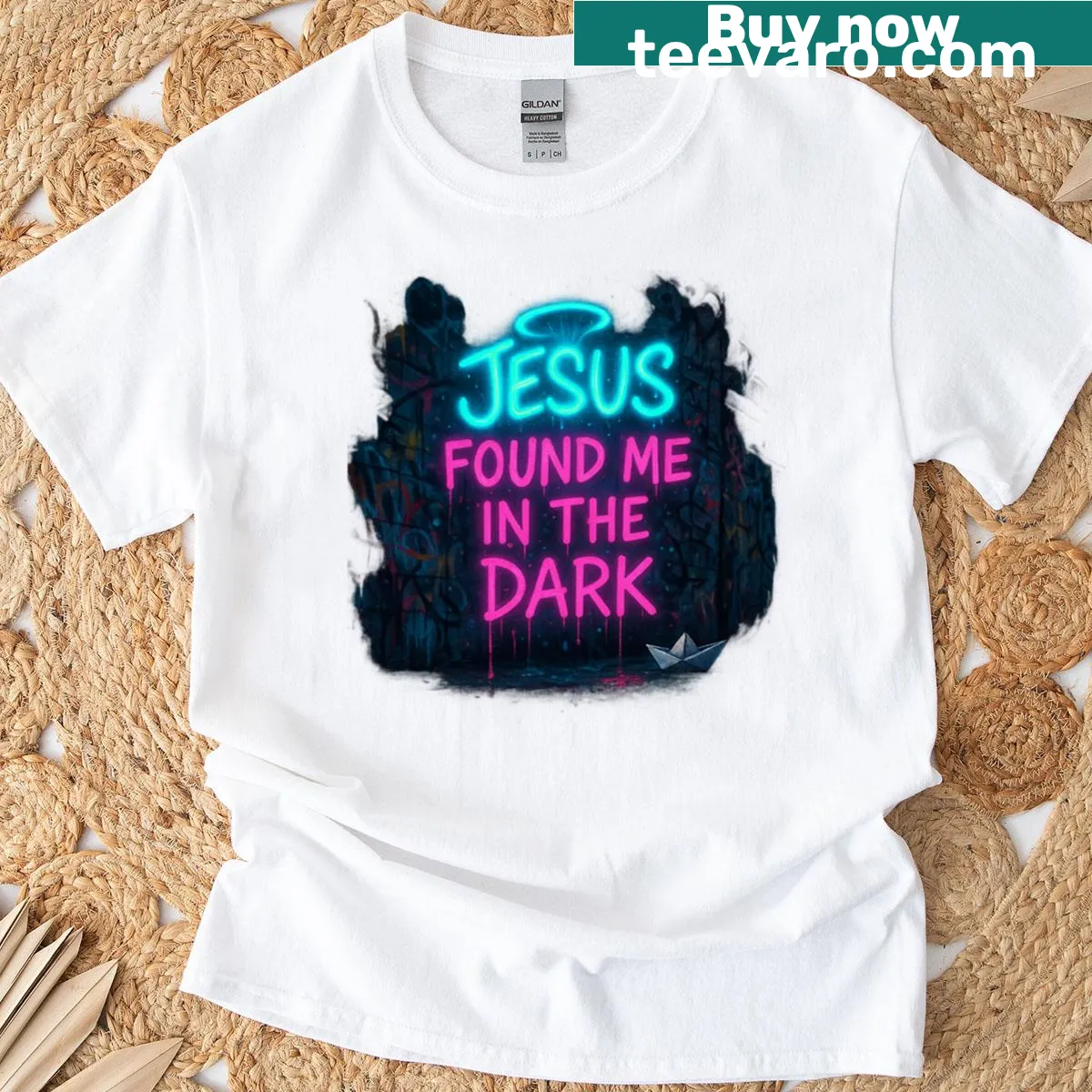 Artistic T-shirt with the phrase 'Jesus Found Me In The Dark.' — on a men's t-shirt
