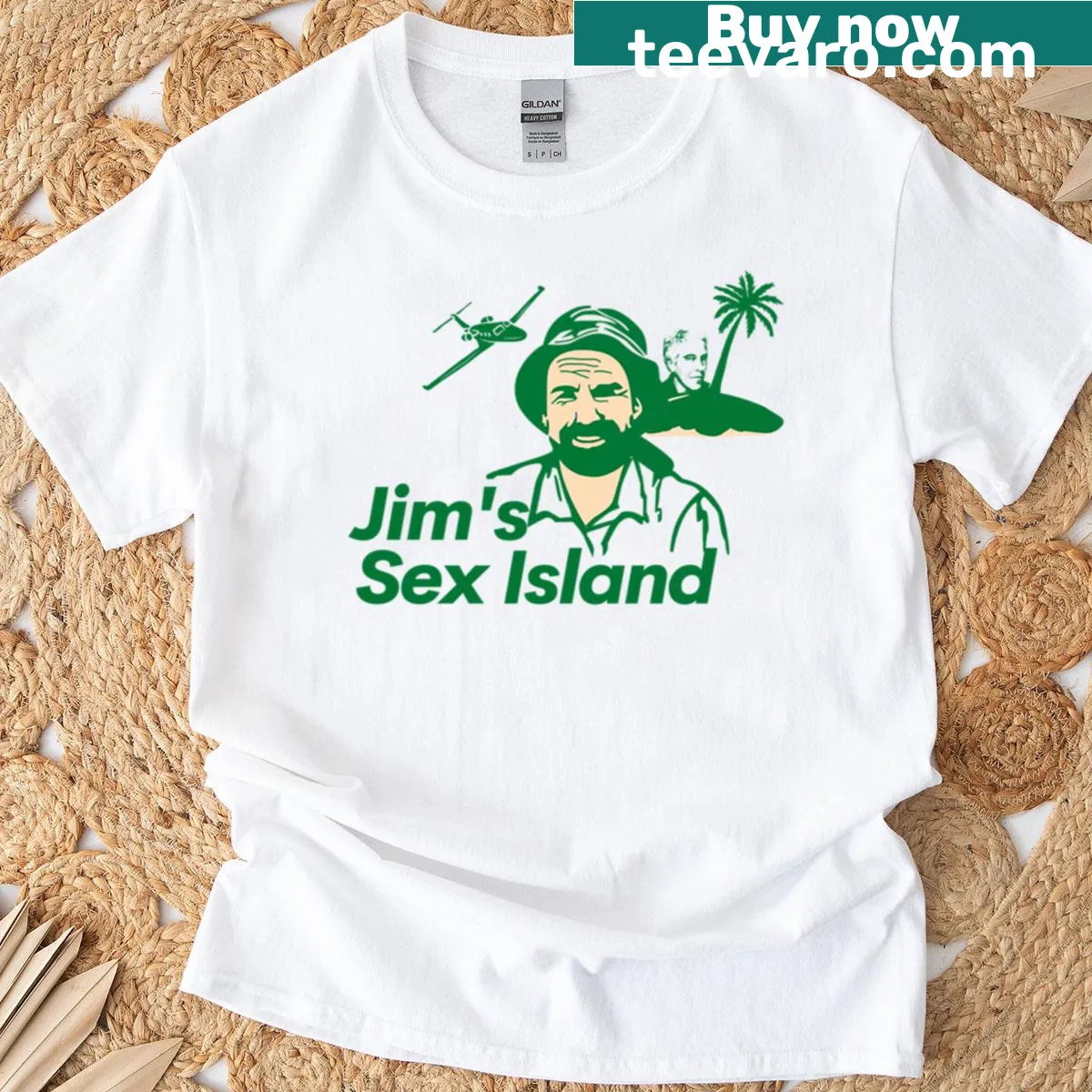 Edgy t-shirt with provocative graphic referencing Jims Sex Island — on a men's t-shirt