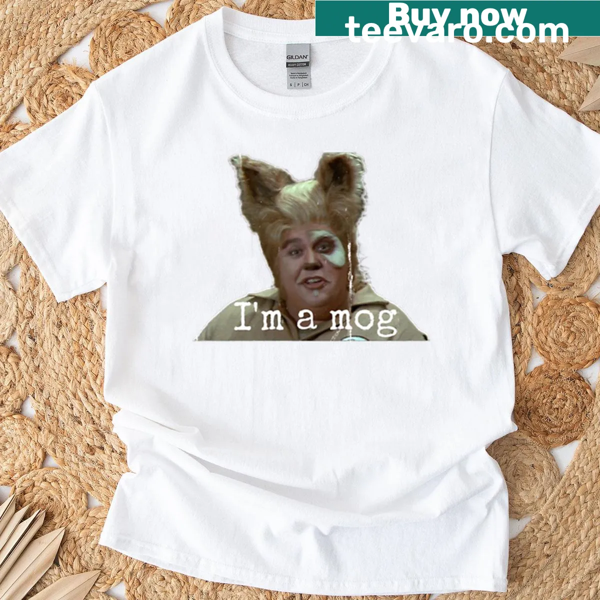 T-shirt with playful text 'John Candy Is A Mog' in bold letters. — on a men's t-shirt