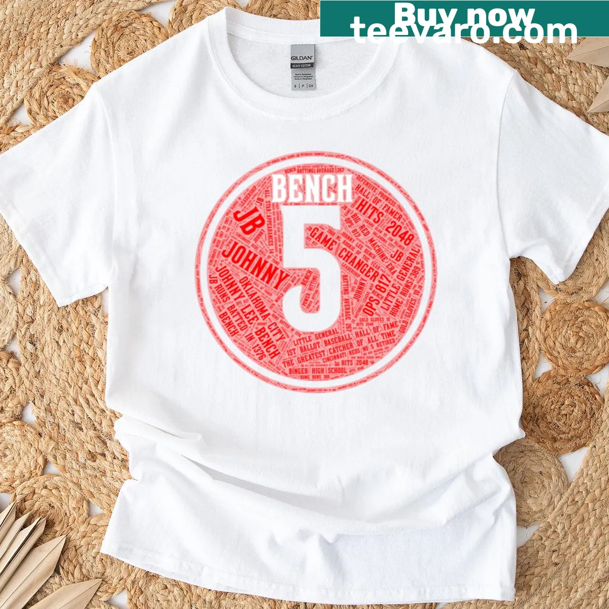 T-shirt featuring a minimalist silhouette of Johnny Bench with the number 5. — on a men's t-shirt