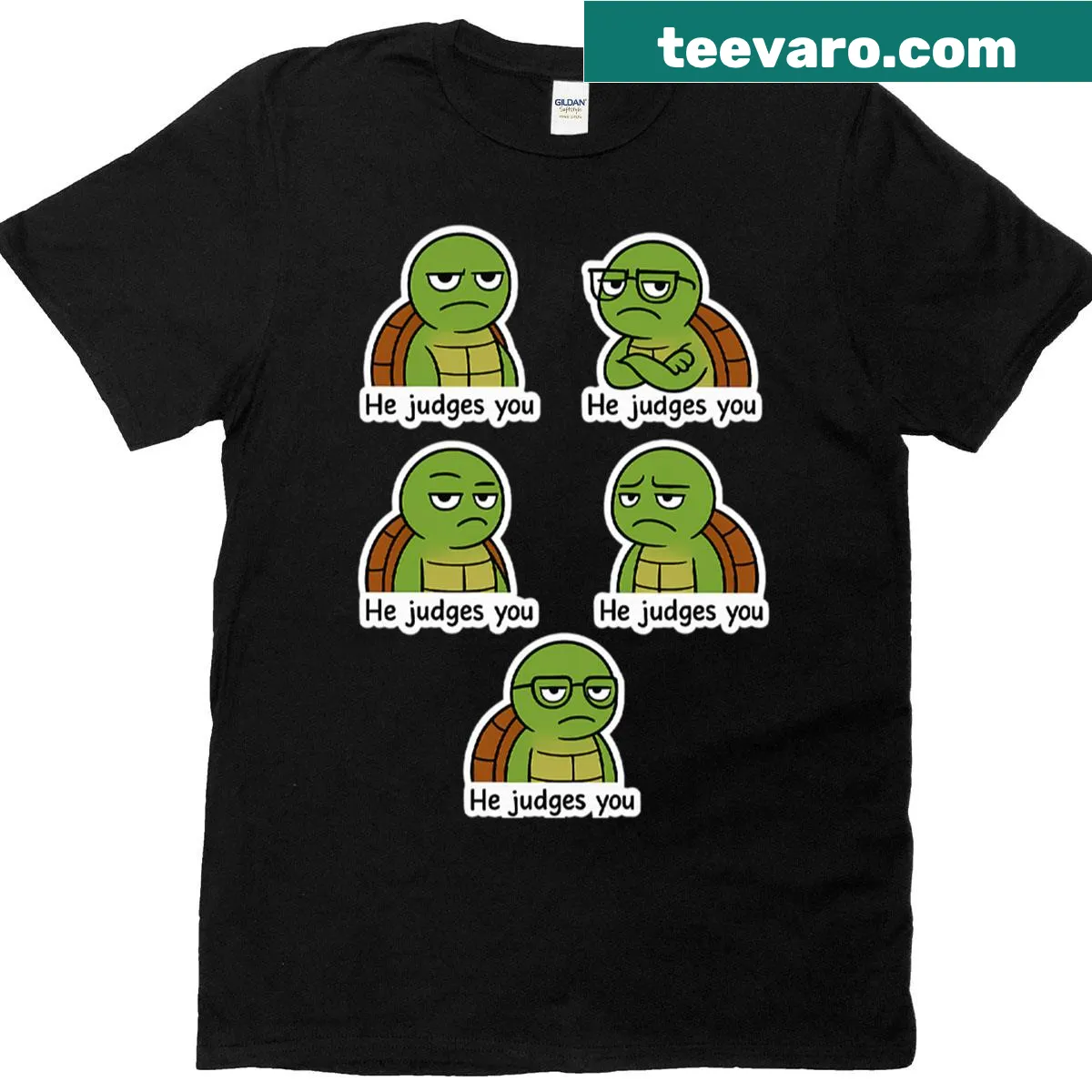 Funny T-shirt featuring a judgmental cartoon turtle design. — on a men's t-shirt
