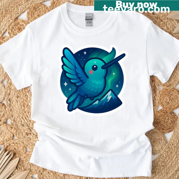 Cute t-shirt with kawaii hummingbird and northern lights design