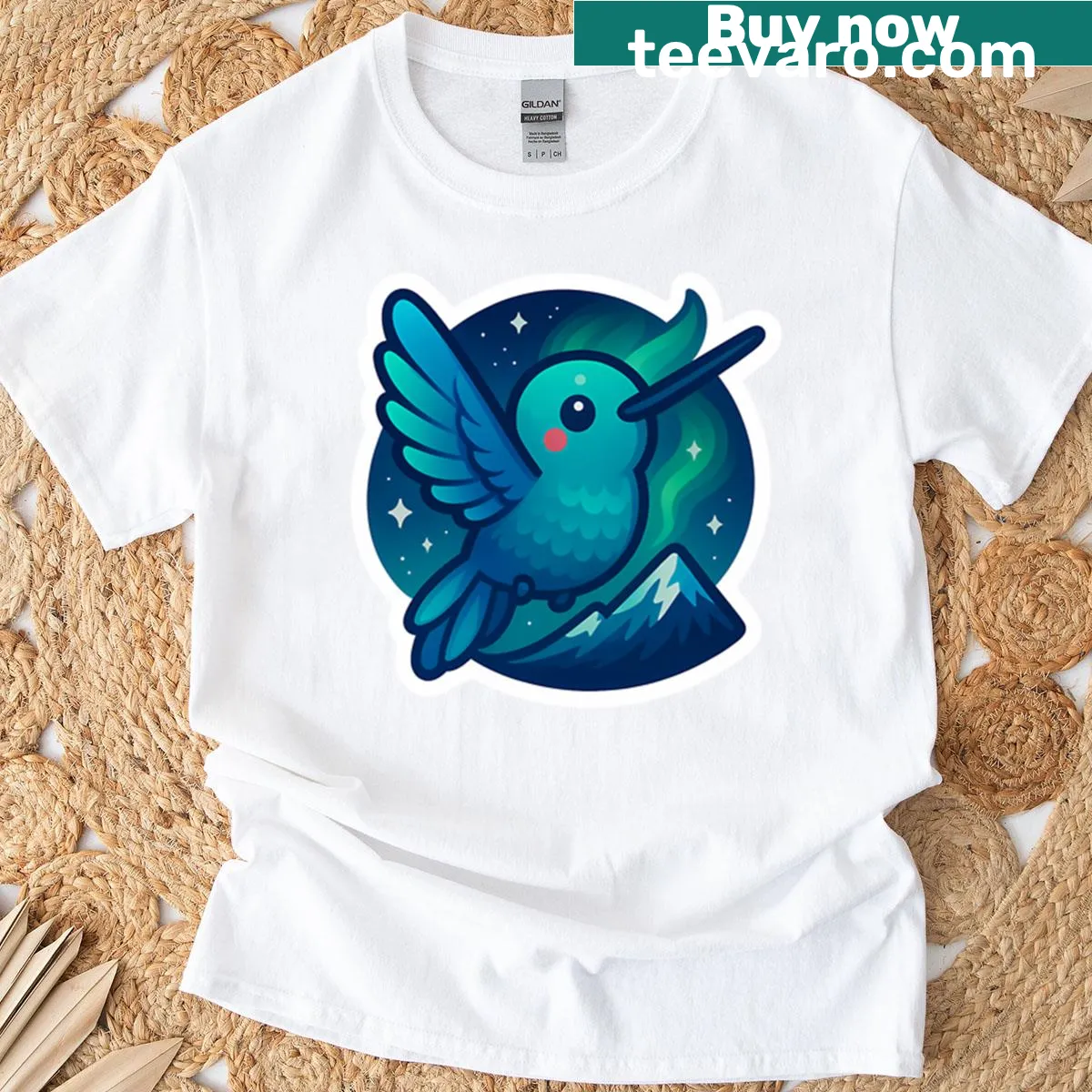 Cute t-shirt with kawaii hummingbird and northern lights design — on a men's t-shirt