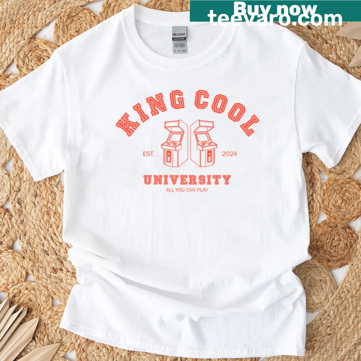 King Cool University emblem t-shirt — on a men's t-shirt