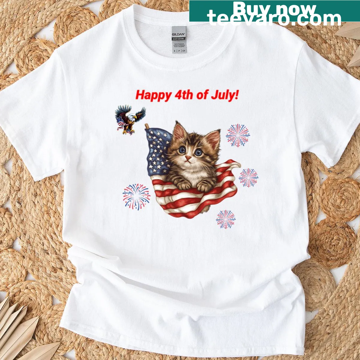 Patriotic kitten t-shirt with American flag — on a men's t-shirt