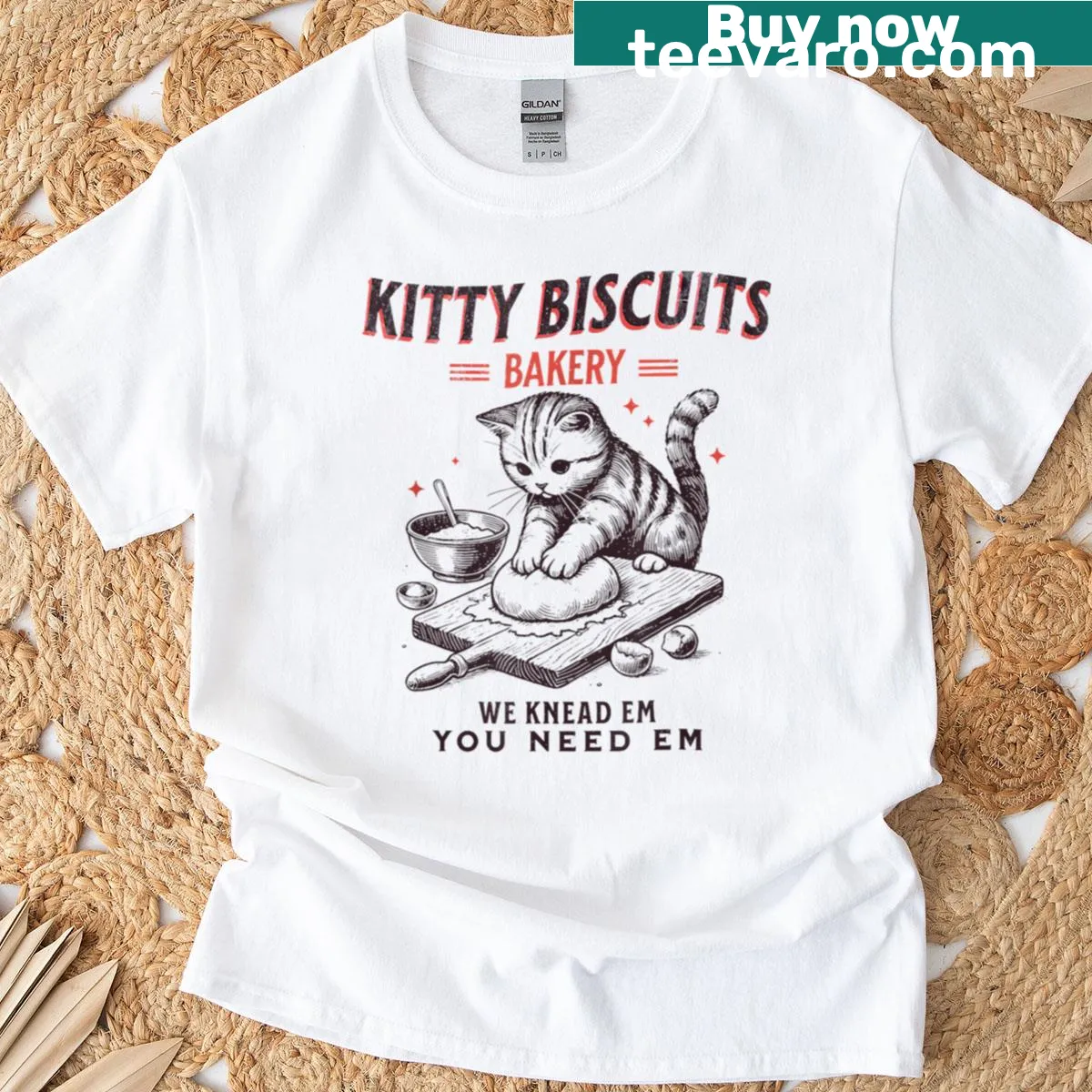 T-shirt with playful cat and baking theme — on a men's t-shirt