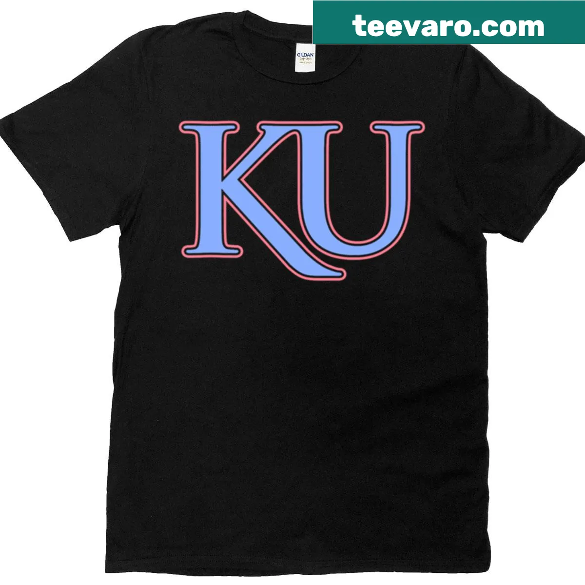 Pastel University of Kansas logo T-shirt in pink and blue tones — on a men's t-shirt