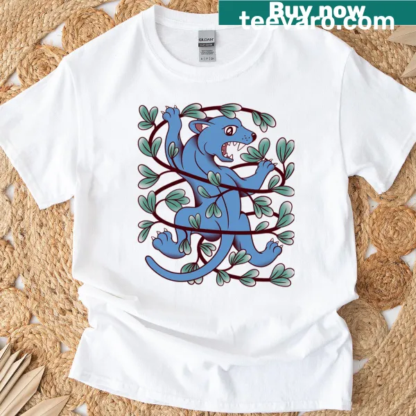 Cartoon-style t-shirt featuring a panther made of leaves