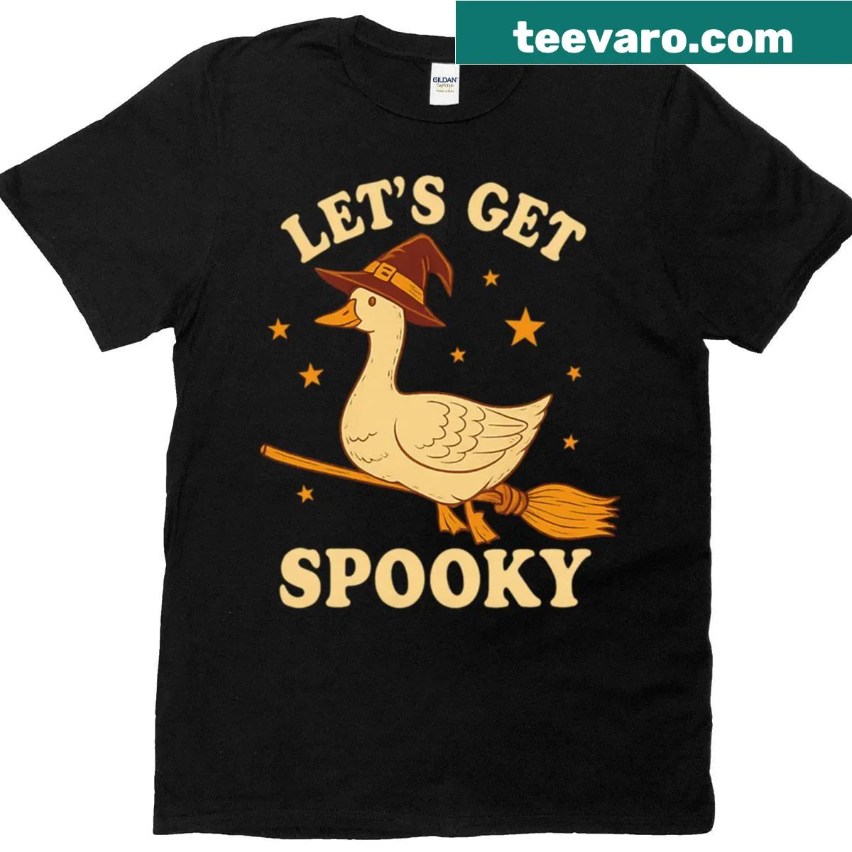 Whimsical Halloween t-shirt with a flying goose in a witch hat — on a men's t-shirt