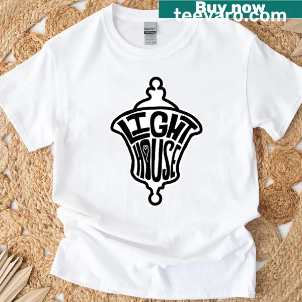 Black and white lighthouse logo t-shirt with minimalist design