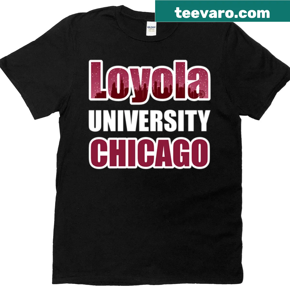 Loyola University Chicago skyline graphic on a T-shirt — on a men's t-shirt
