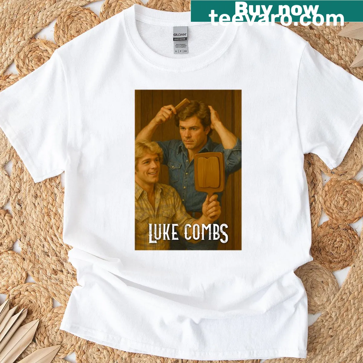 Illustrated T-shirt featuring Luke Combs' hairstyle and playful text — on a men's t-shirt