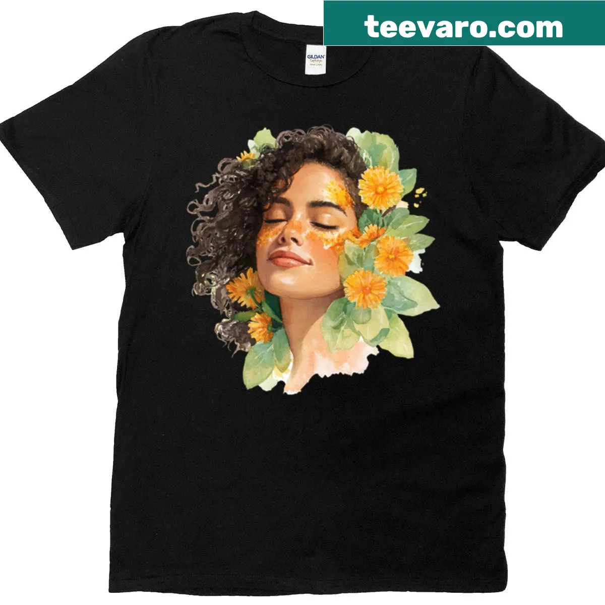 Watercolor portrait of a woman with marigolds on a t-shirt — on a men's t-shirt