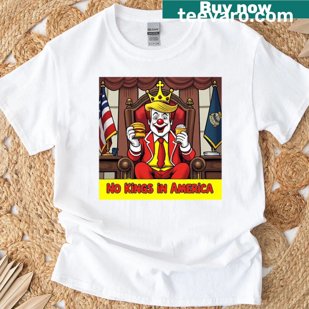 Bold t-shirt featuring 'No Kings In America' slogan in clear typography. — on a men's t-shirt