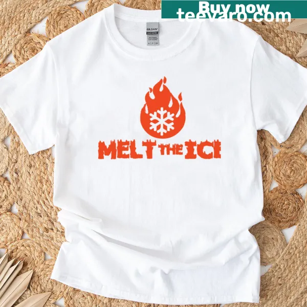 Illustrative t-shirt highlighting climate change message with 'Melt The Ice' theme.