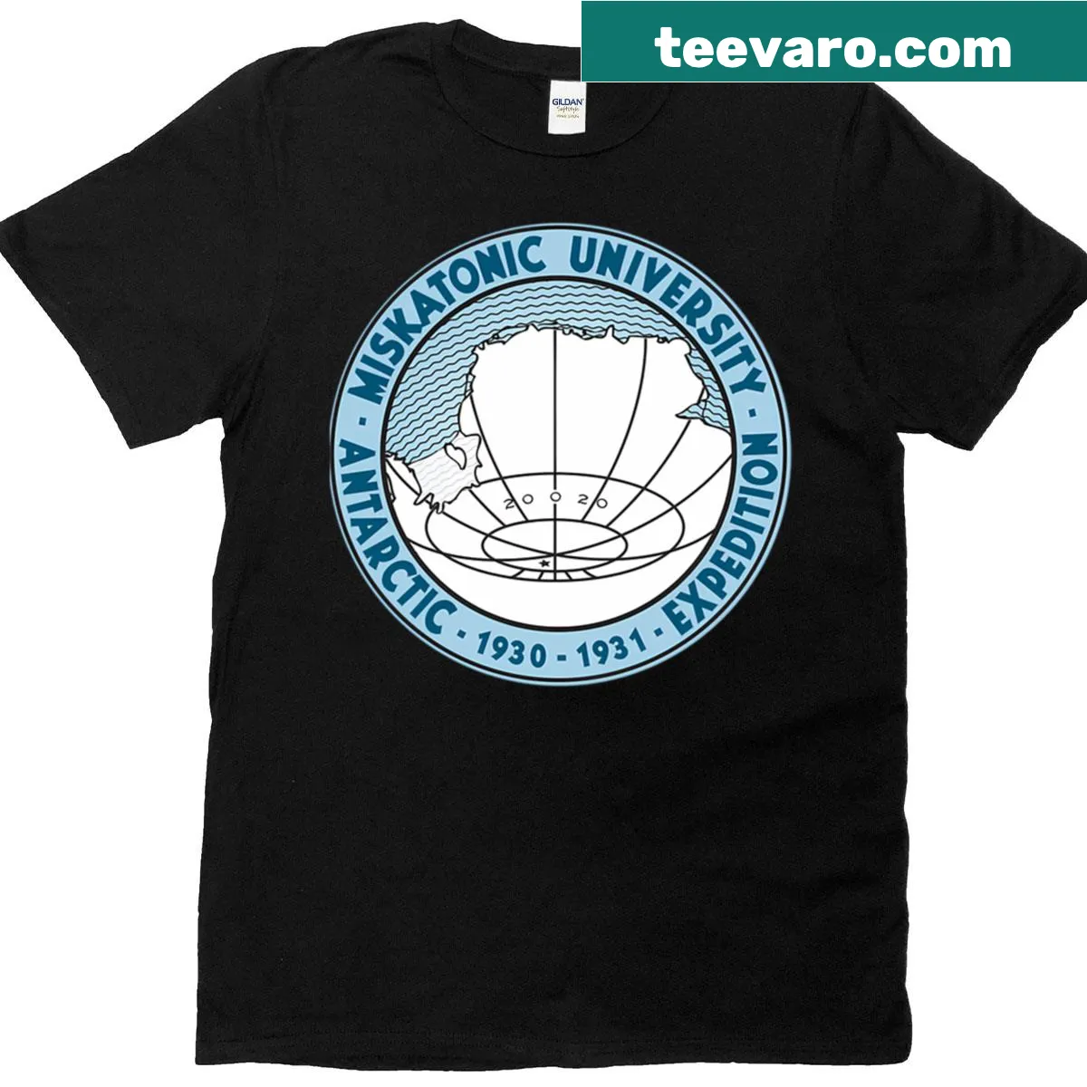 Miskatonic University T-shirt with Antarctic Expedition logo — on a men's t-shirt