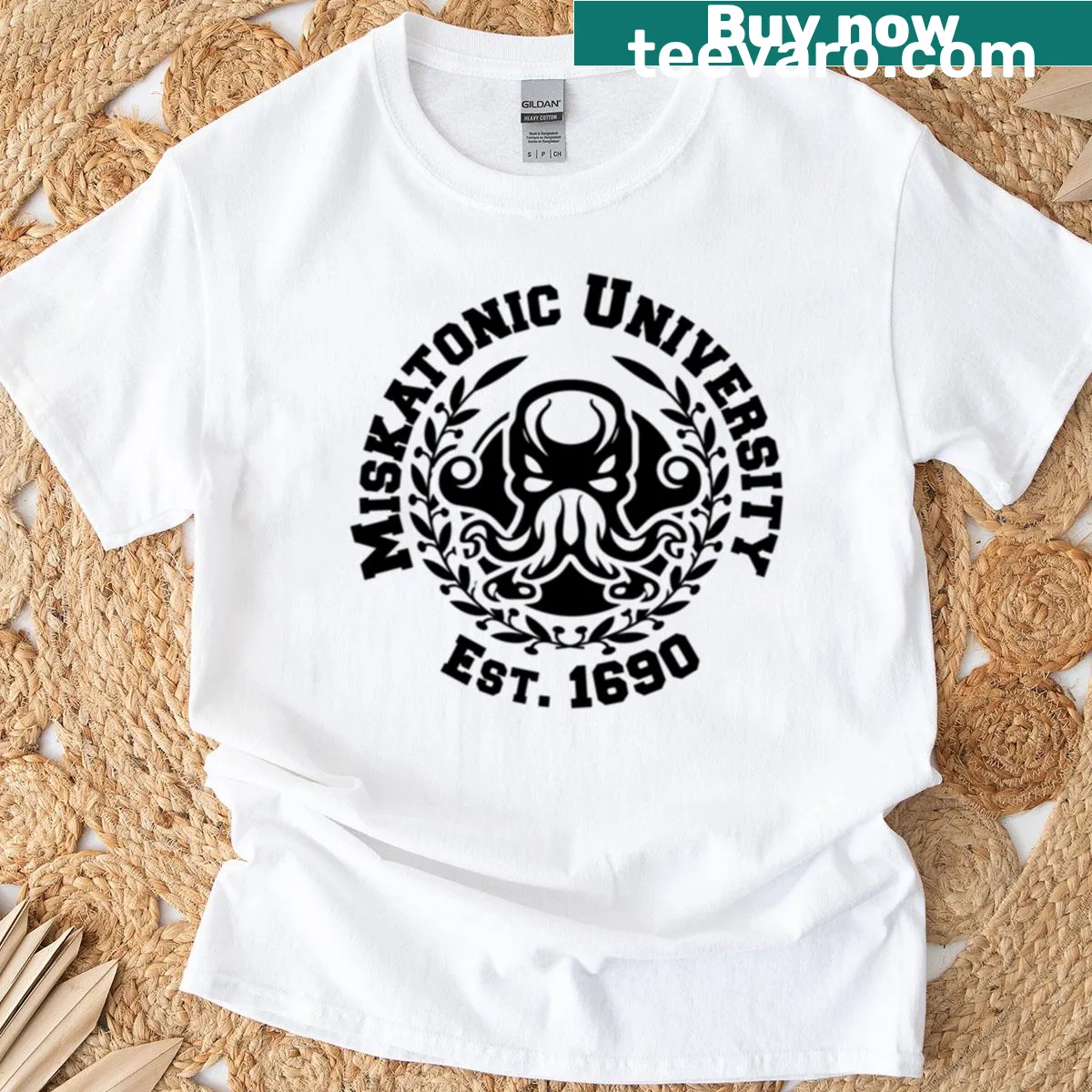 Miskatonic University logo design T-shirt for Lovecraft fans — on a men's t-shirt