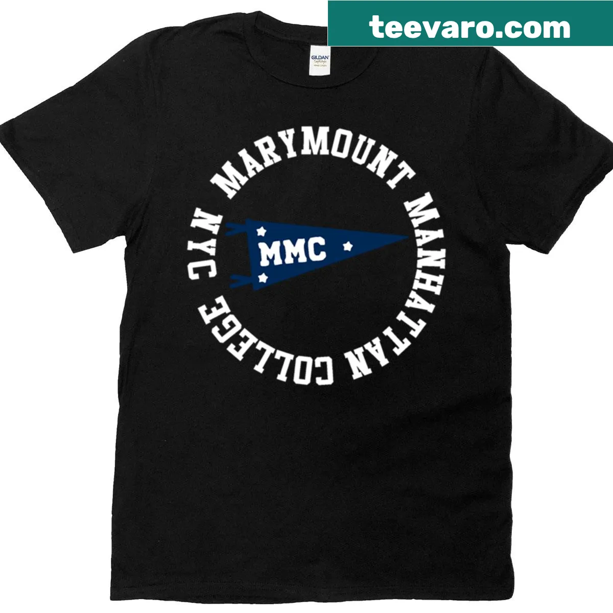 Marymount Manhattan College banner T-shirt with school emblem — on a men's t-shirt