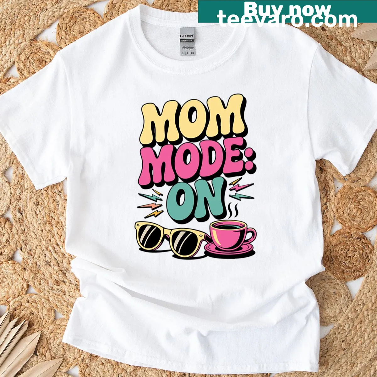 Illustration of coffee and sunglasses with 'Mom Mode On' text — on a men's t-shirt