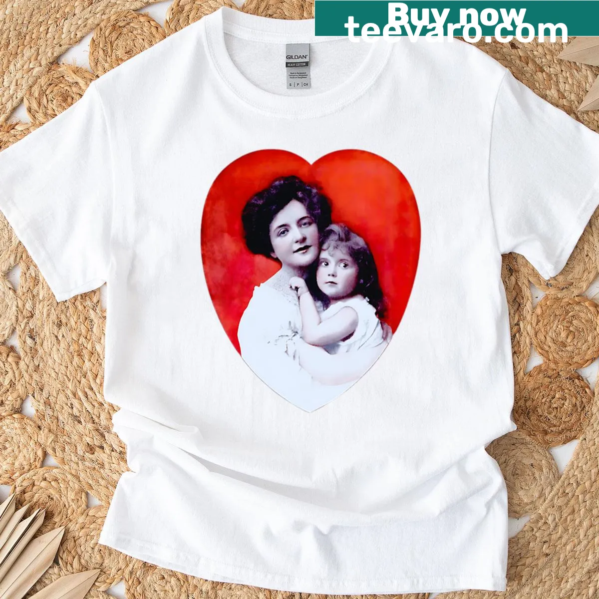 Vintage-style T-shirt with a heart graphic depicting mother and child — on a men's t-shirt