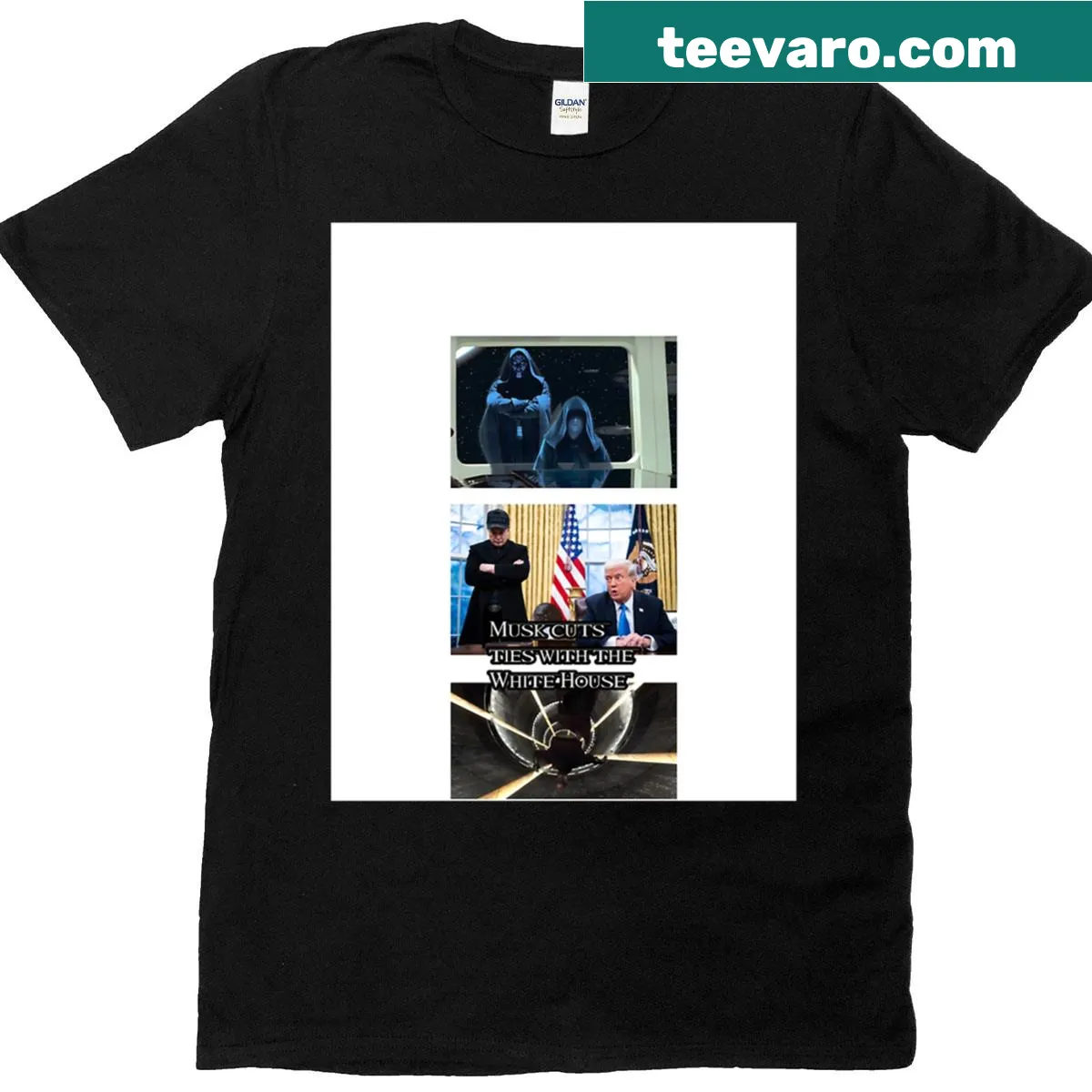 Graphic t-shirt depicting Musk vs Trump tweet wars — on a men's t-shirt