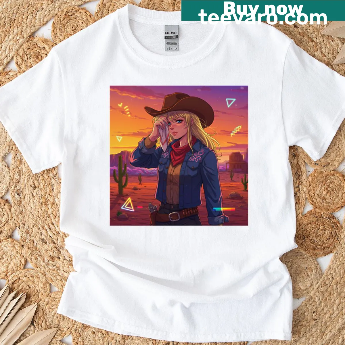 Neon cowgirl graphic t-shirt depicting desert dreams and bright colors — on a men's t-shirt