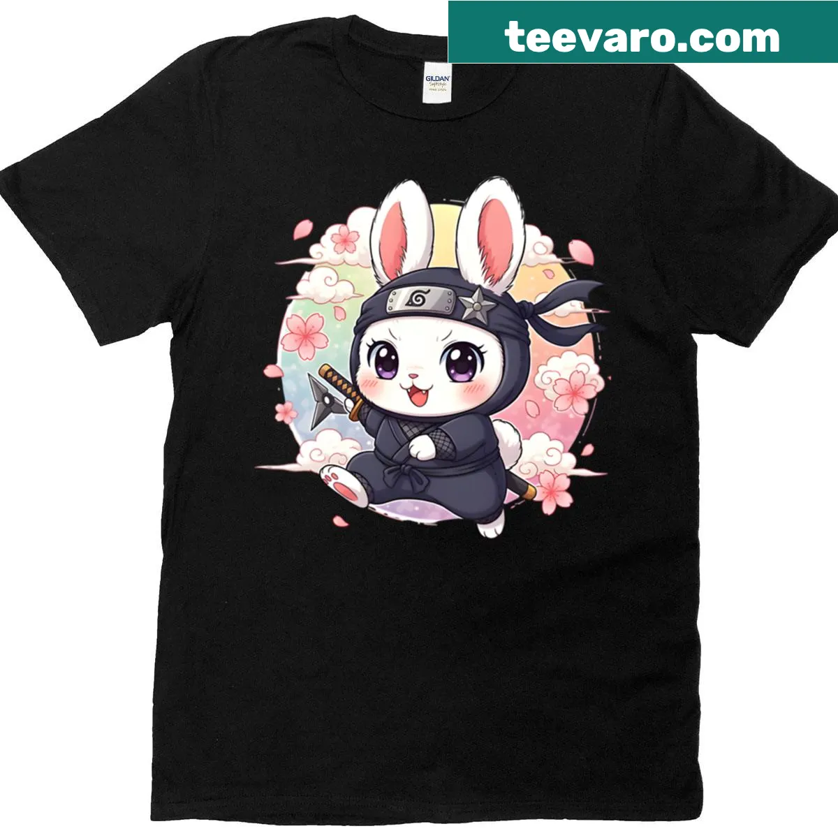 Cartoon ninja bunny surrounded by cherry blossoms on a t-shirt — on a men's t-shirt