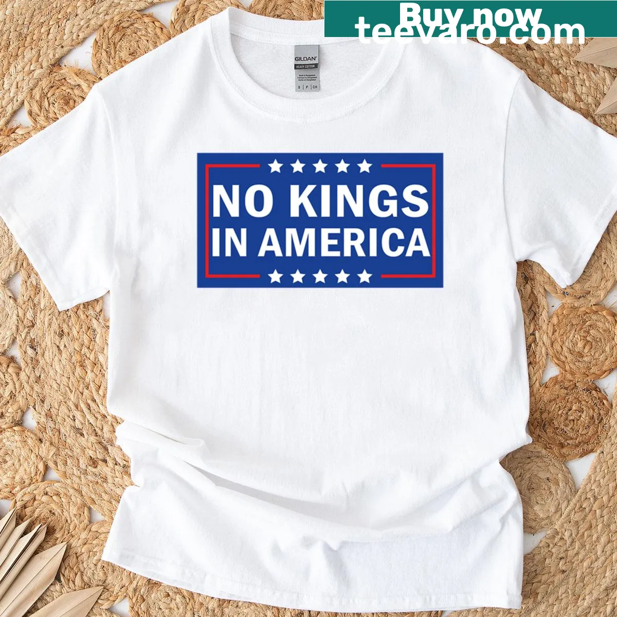 T-shirt with bold text stating No Human Is Illegal on Stolenland — on a men's t-shirt