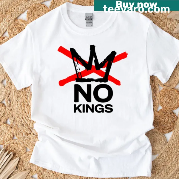 Bold black and red typography declaring 'No Kings' on a T-shirt