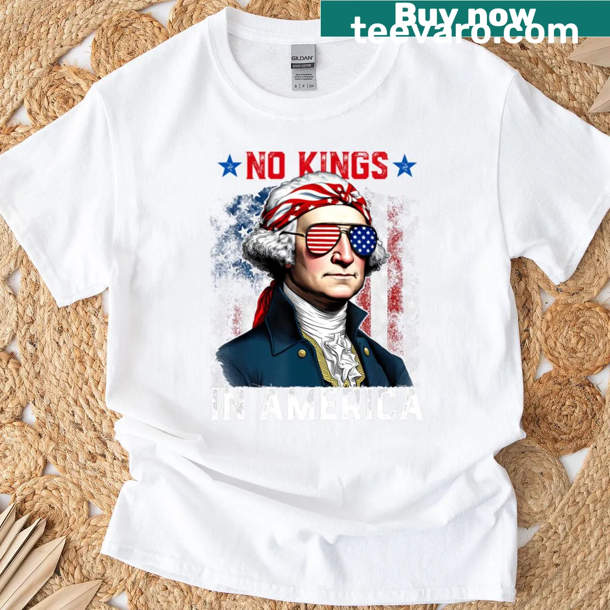 Patriotic No Kings In America T-shirt featuring bold text design. — on a men's t-shirt