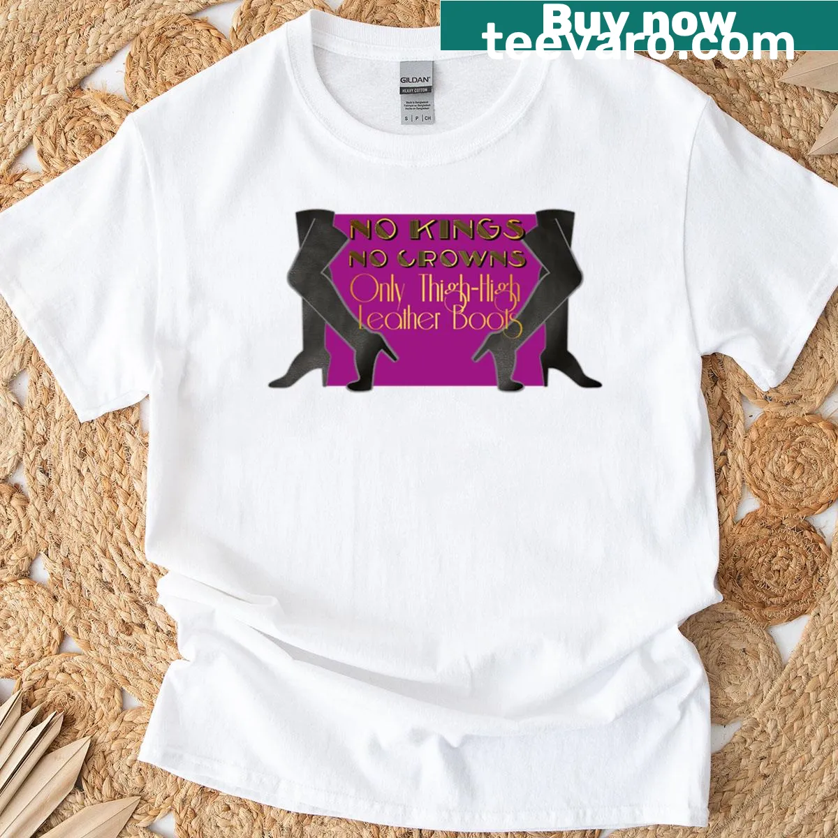 Playful text declaring no kings, only leather boots on a t-shirt — on a men's t-shirt