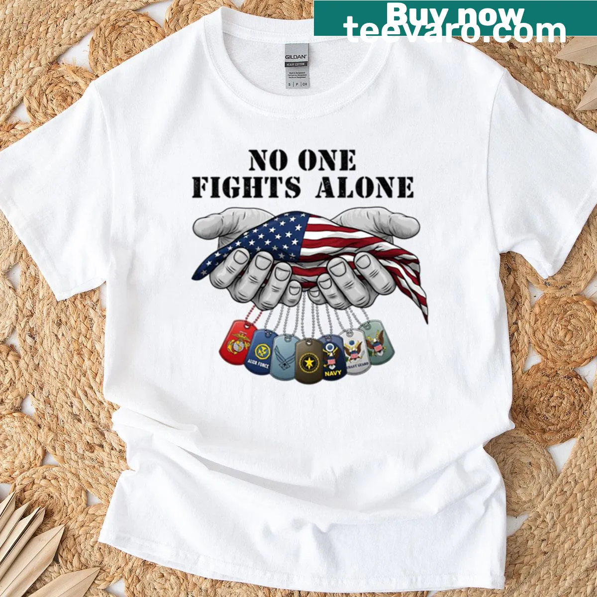 American flag T-shirt with 'No One Fights Alone' text — on a men's t-shirt