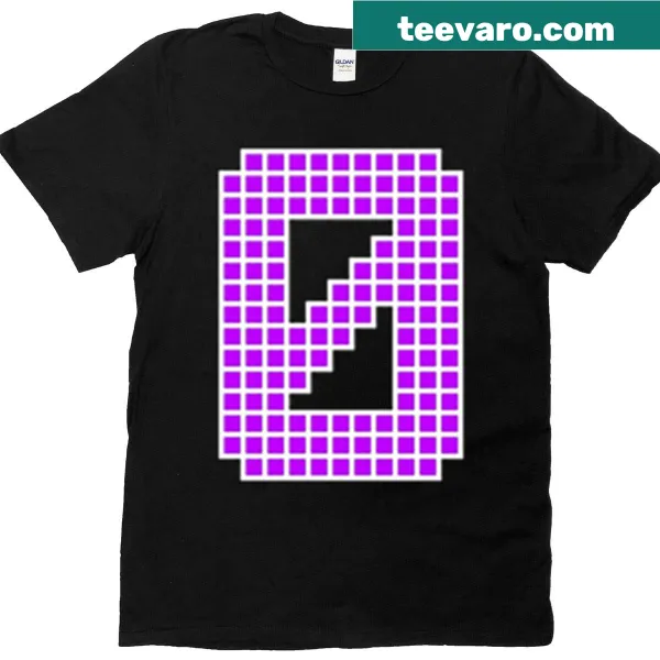 Purple Pixel Block Character t-shirt featuring a whimsical cartoon