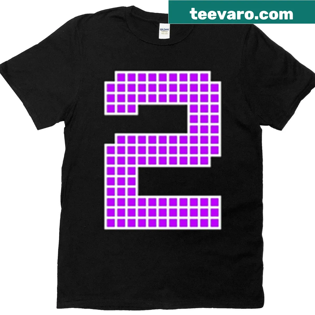 Illustrated pixel block character design featuring the number 2 — on a men's t-shirt