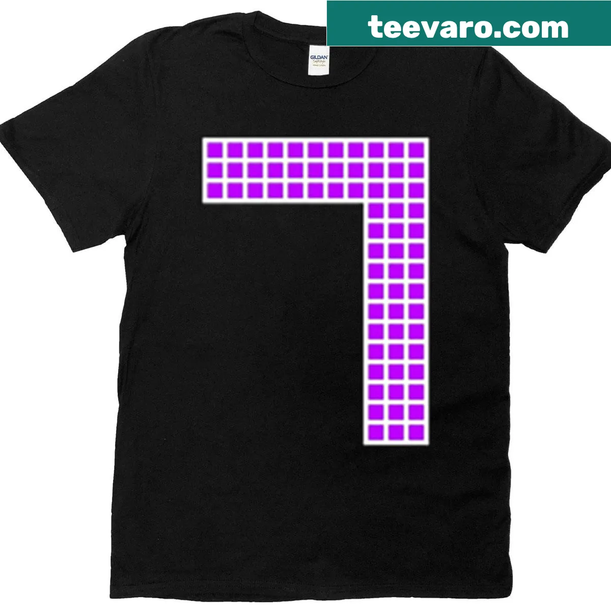 Purple Pixel Block Character t-shirt featuring a joyful cartoon design — on a men's t-shirt