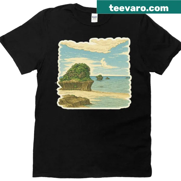 Retro island beach art graphic on a serene T-shirt