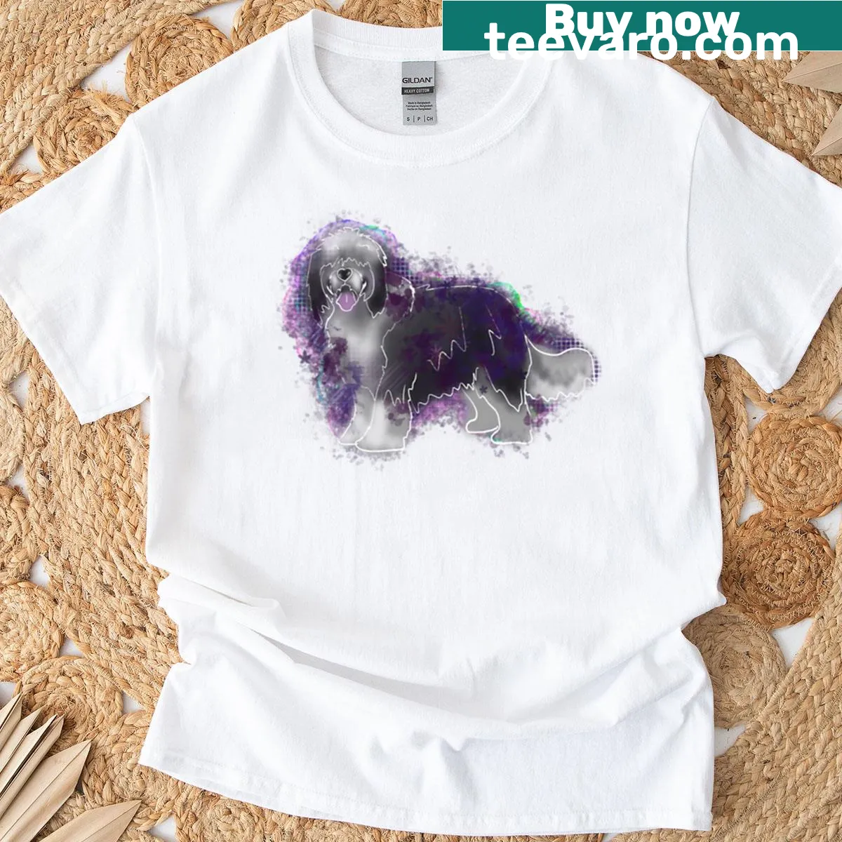 Cute illustration T-shirt featuring an Old English Sheep Dog — on a men's t-shirt